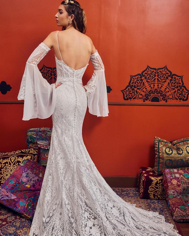Lp2339 backless boho wedding dress with bell sleeves and lace2